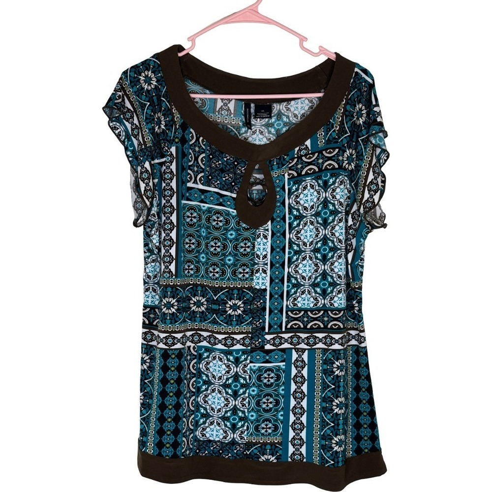 New Directions Blouse Womens XL Blue Brown Geometric Keyhole Ruffle Sleeve Top